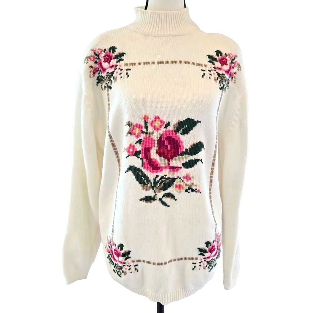 Vintage 90s Morsly Knit Sweater Cross Stitch Rose Print Cottagecore Size Medium